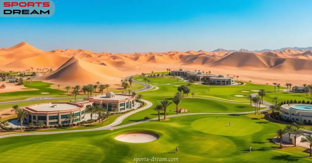 a golf course with sand dunes and buildings تطوير الغولف في خطة تطوير طويلة الأمدالسعودية